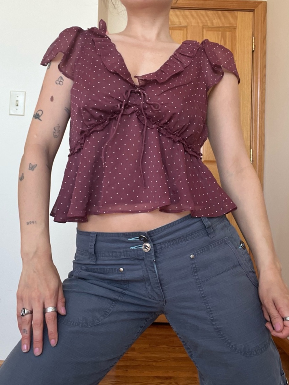 American Eagle NWT Polka Dot Ruffle Tie-Front Top